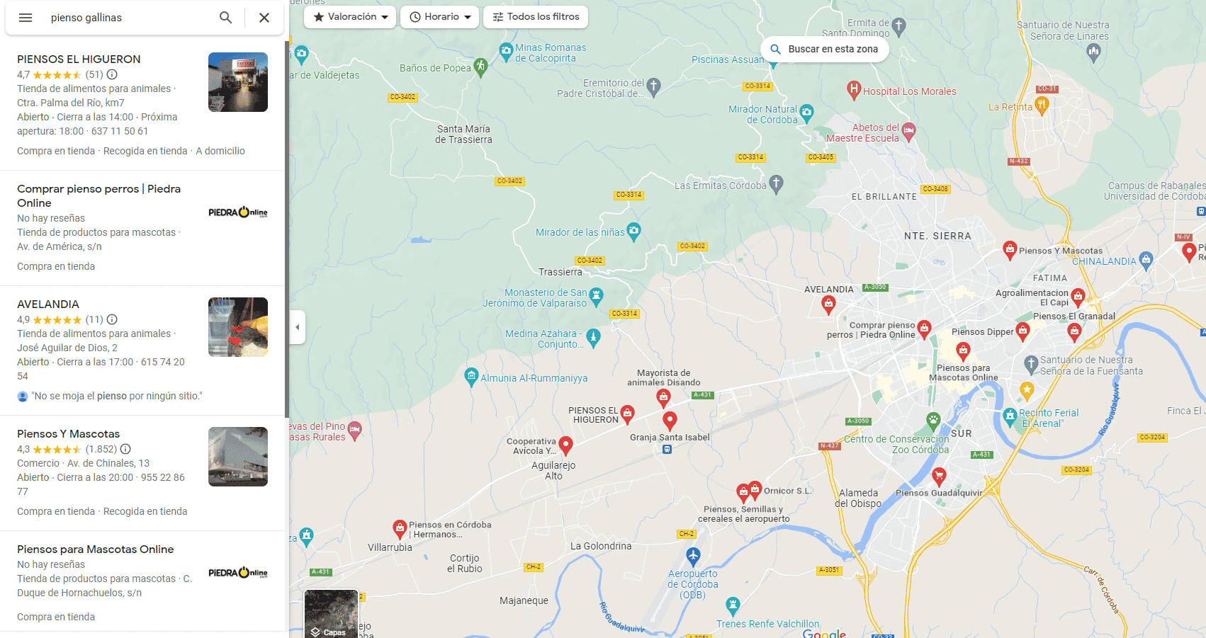 Buscar pienso para gallinas en Google Maps