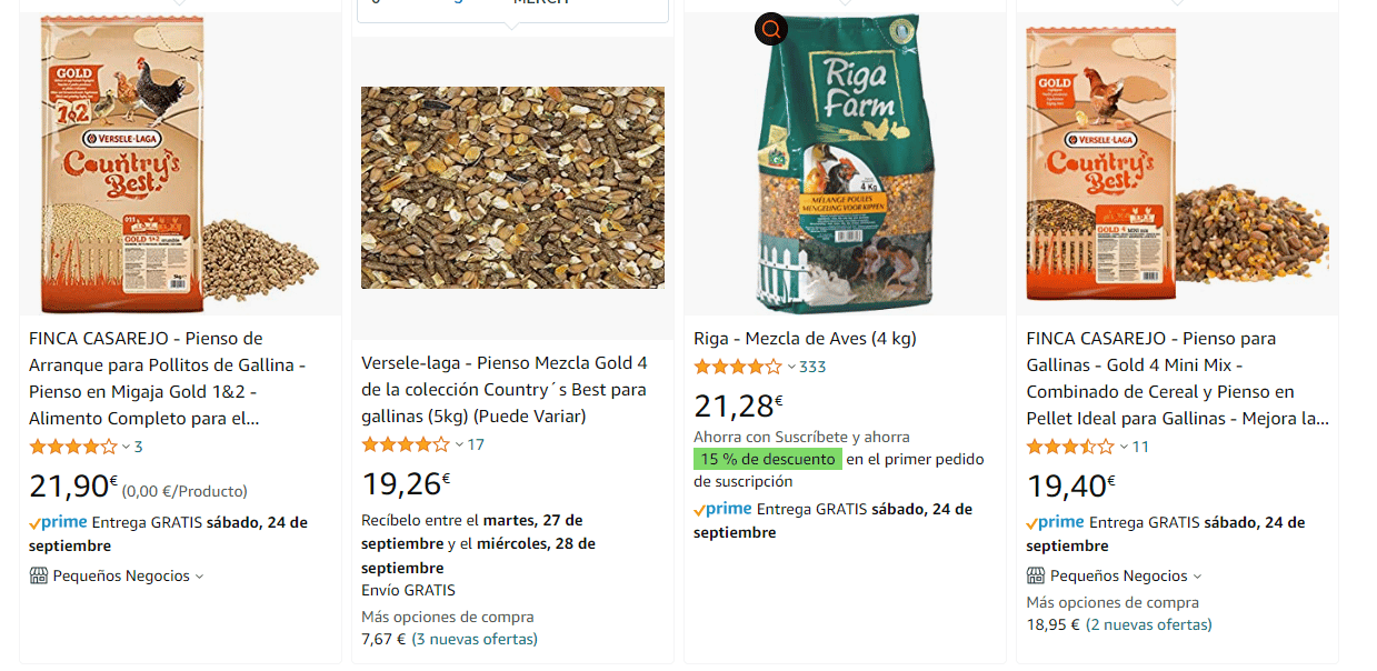 Búsqueda orgánica pienso para gallinas en Amazon